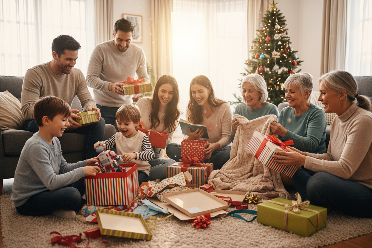 תמונה מלאה עם ילדים ומבוגרים פותחים מתנות יחד